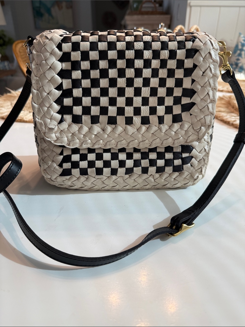 Braided Black and Cream Check Crossbody Bag
